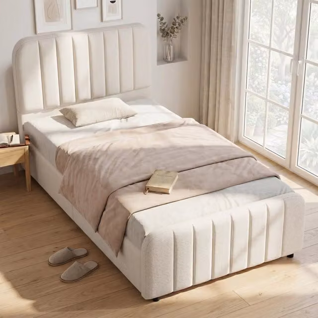 Letto contenitore 90 × 200 cm con sollevamento idraulico testiera imbottita rivestita in lino beige