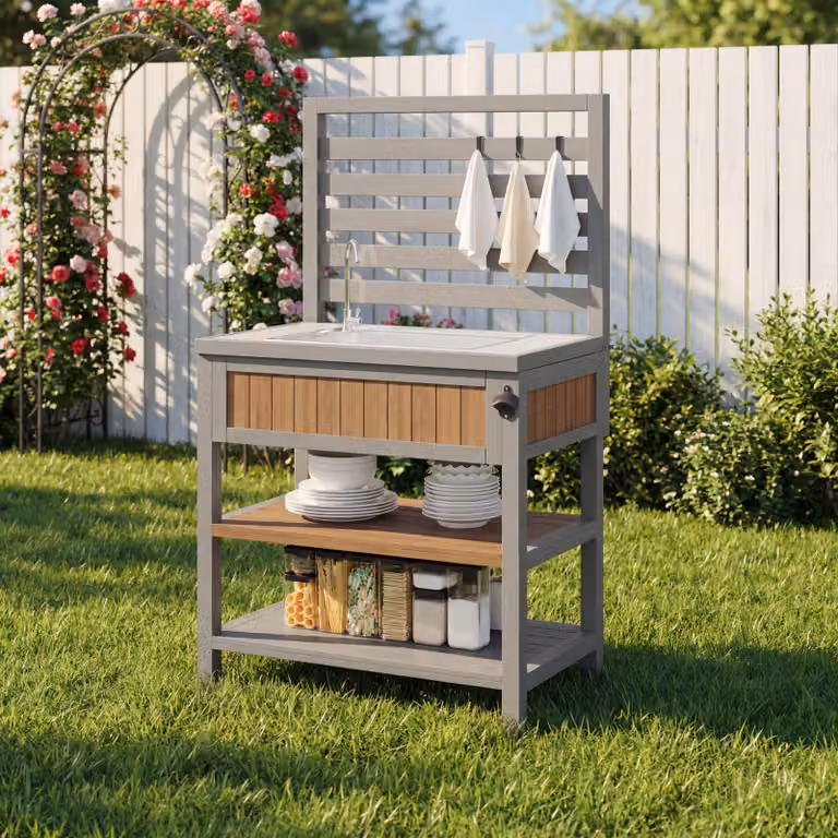 Armadietto da giardino Merax per esterni con vasca e rubinetto, tavolino da barbecue con apribottiglie, piano di lavoro in acciaio inossidabile e vano portaoggetti, postazione barbecue