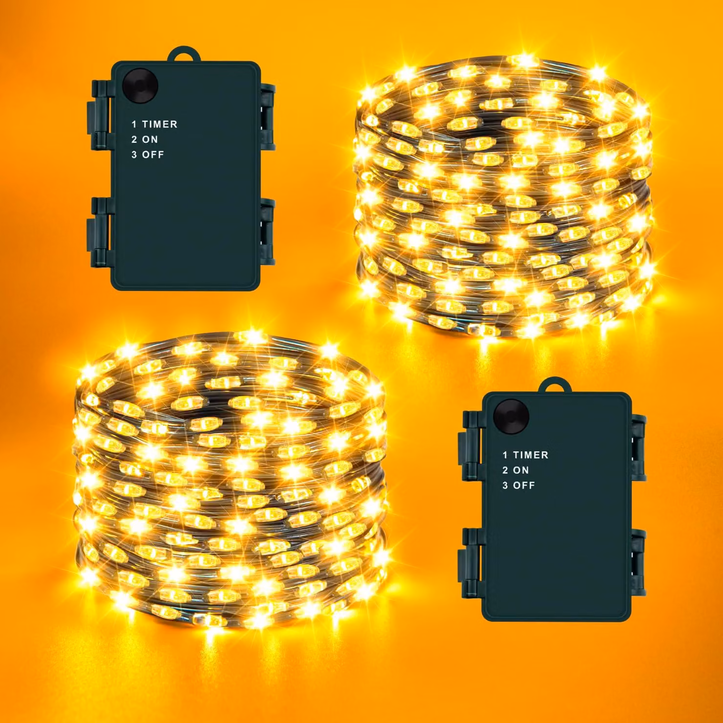 Set di 2 catene luminose a LED, lunghezza 5 metri, 50 LED, luce bianco caldo, con timer, grado di protezione IP65