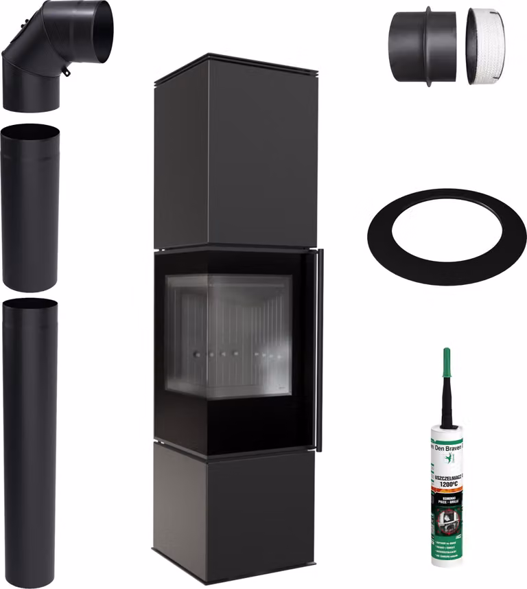 Stufa a libera installazione KRATKI REN BLACK L Sinistra 7 kW Ø150 Set di installazione