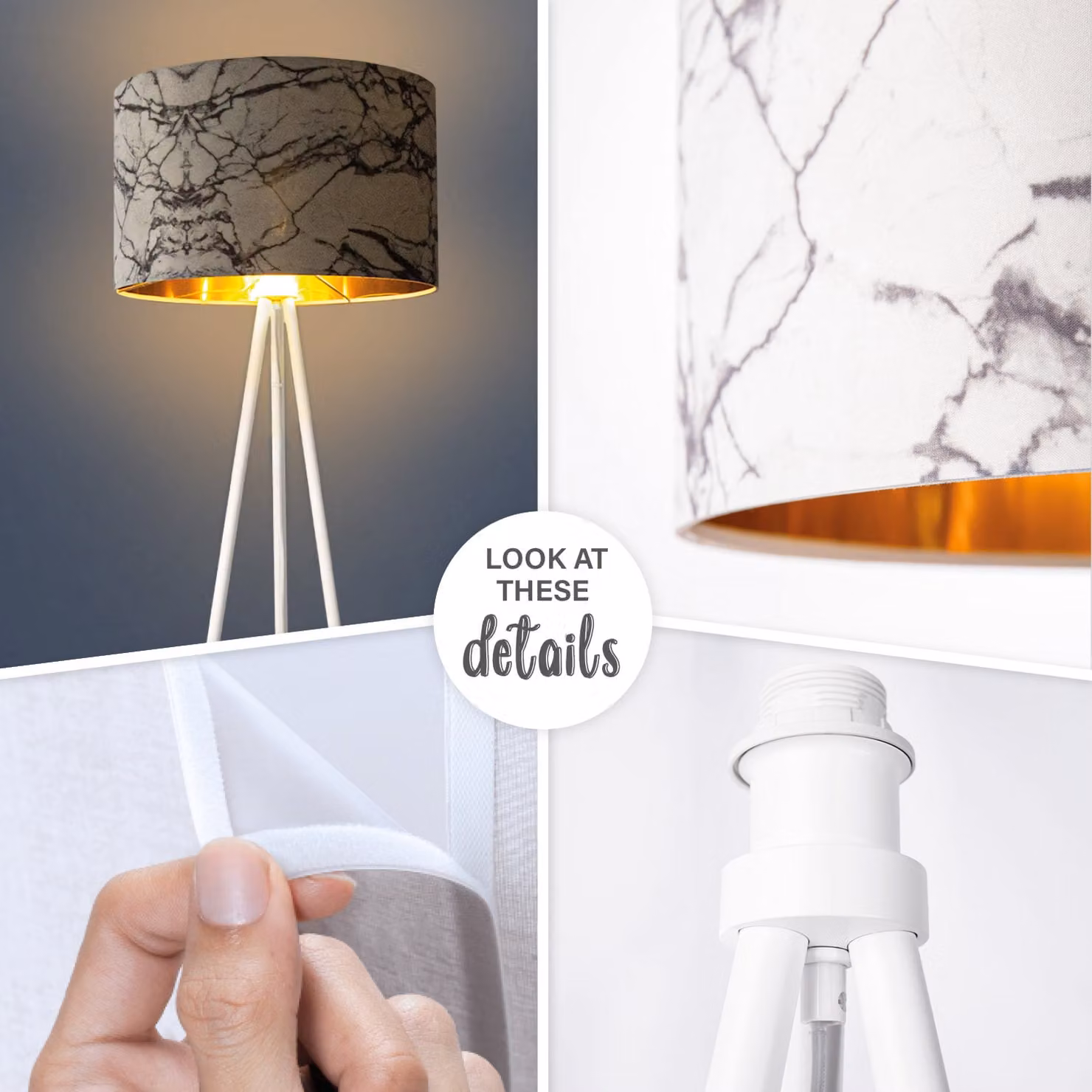 Lampada da terra Rica in oro bianco e nero con paralume cilindrico in tessuto e struttura in metallo, Altezza: 148.5 cm, Larghezza: 45.5 cm, Profondità: 1.0 cm – 3