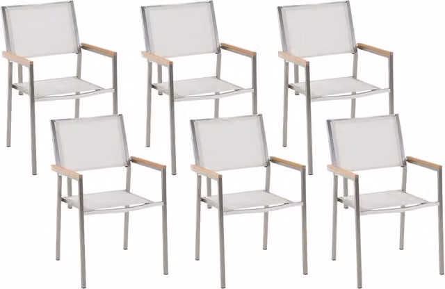 Set di 6 Sedie da Pranzo da Esterno BELIANI con Seduta in Tessuto Bianco e Argento, Gambe in Metallo, Impilabili e con Braccioli