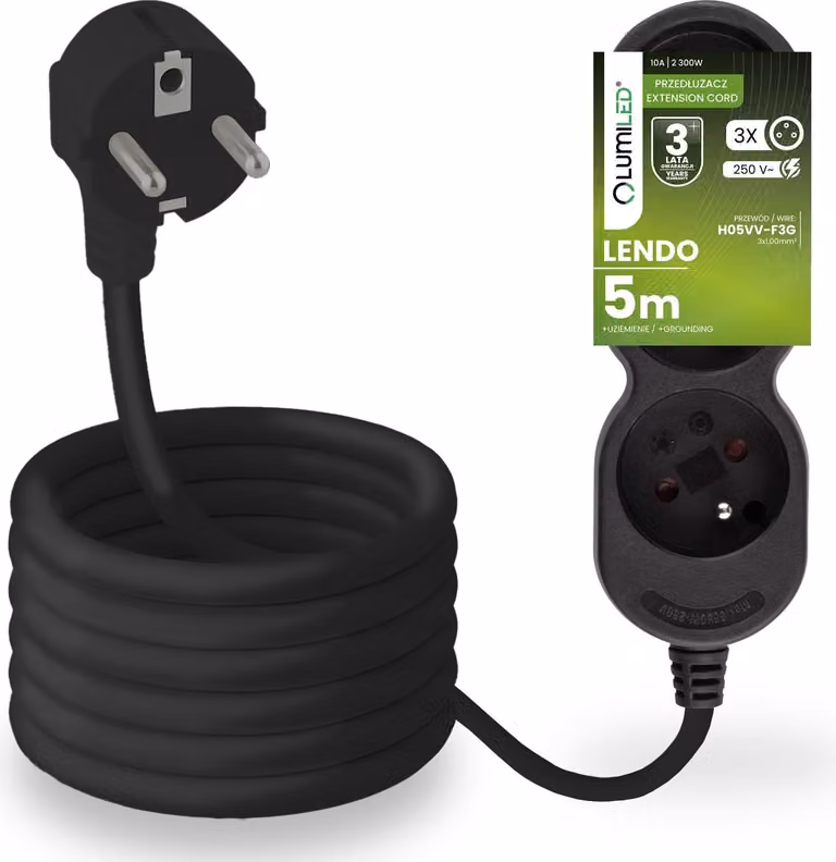 Presa multipla LUMILED Presa tripla tipo E, cavo da 5 m H05VV-F3G nero Presa multipla E 10A 2300W 250V IP20 Staffa per sospensione