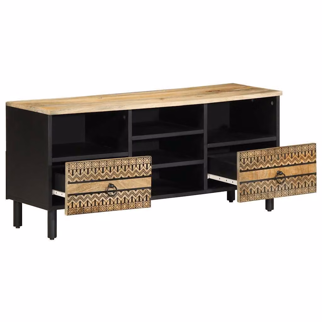 Mobile Porta TV Nero 100x33,5x46 cm Legno Massello Mango Grezzo