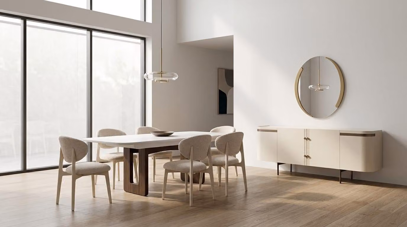 Set per sala da pranzo: tavolo, 6 sedie, credenza, specchio. Stile moderno, colore beige