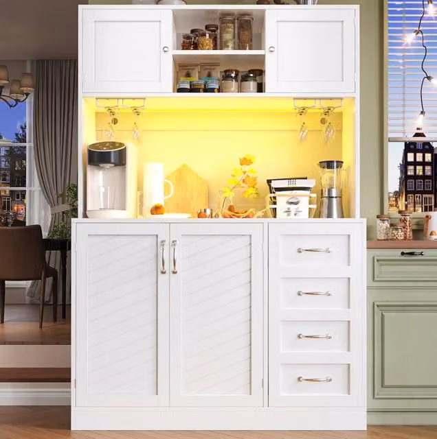 Credenza ULEVR 120x40x188 cm con LED controllabile via app, 4 ante, 2 cassetti e portabevande, bianco