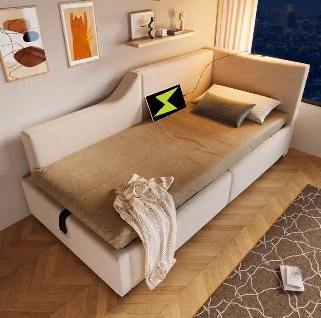 Letto da giorno imbottito 90x200 cm con contenitore idraulico; USB-C e lampada da lettura; velluto beige