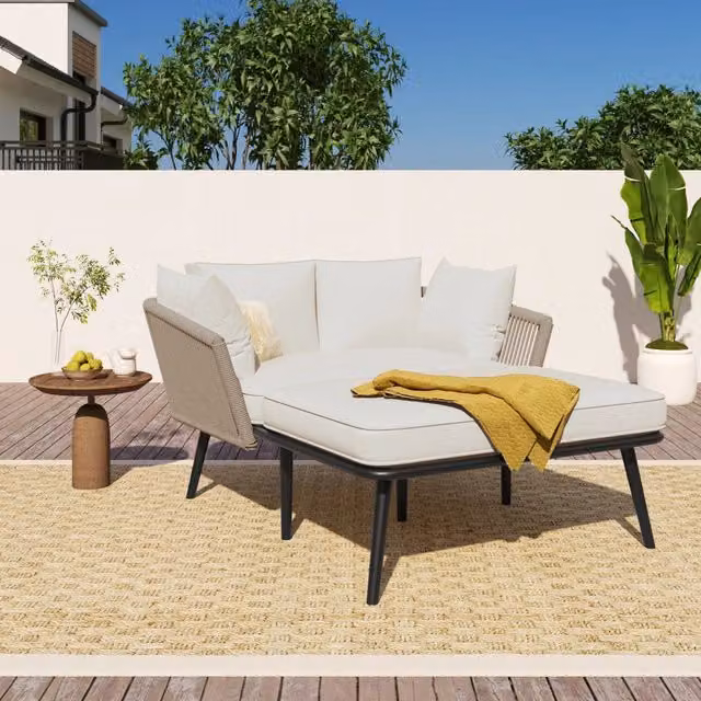 Divano da giardino con 2 cuscini e 2 imbottiture, tessuto beige + corda color cachi, cuscini sfoderabili e lavabili