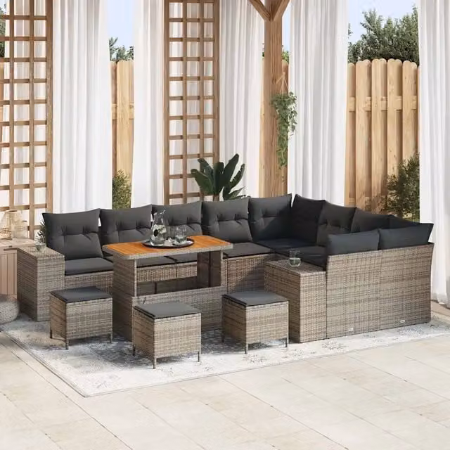Set Divano da Giardino vidaXL a forma a U in Polyrattan Grigio con 13 Pezzi e Cuscini inclusi