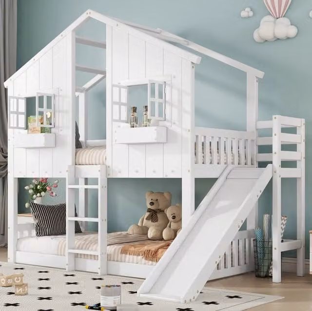 Letto a castello per bambini con scivolo, tetto e finestre, protezione anticaduta, scaletta a 3 gradini, pino e MDF, bianco, 90x200 cm