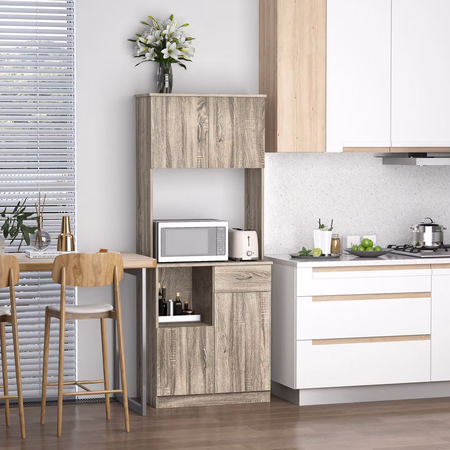 Credenza Moderna HOMCOM in Legno Grigio per Cucina o Sala da Pranimo, Mobile Buffet con Armadietti e Cassetti, L: 71 cm, P: 41 cm, H: 178 cm – 2