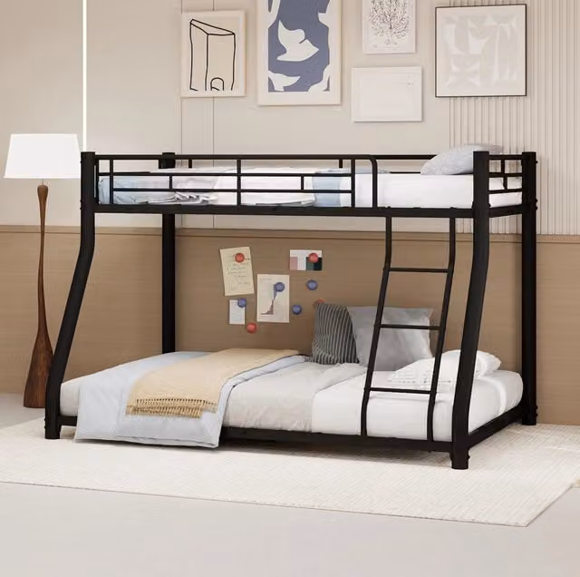 Letto a castello in metallo robusto con rete superiore 90x140 cm e inferiore 140x190 cm, design salvaspazio con scala e sponde di sicurezza, stile moderno