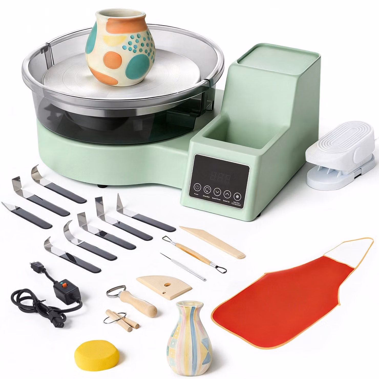 Tornio da vasaio - Tornio elettrico - Potente motore da 450 W - Piatto girevole in alluminio da 28 cm - Pedale - Regolabile in continuo da 30 a 300 giri/min - Alloggiamento in PP - Per principianti - Verde