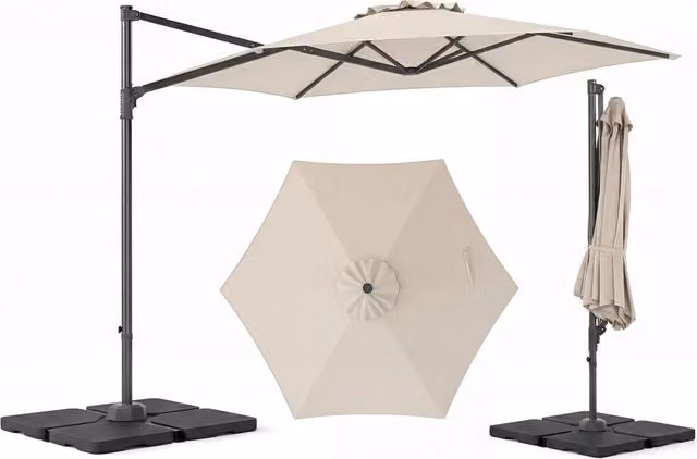 Ombrellone da giardino decentrato con manovella e rotazione a 360 gradi, colore beige, diametro 300 cm, con base a croce e sacchi di sabbia inclusi