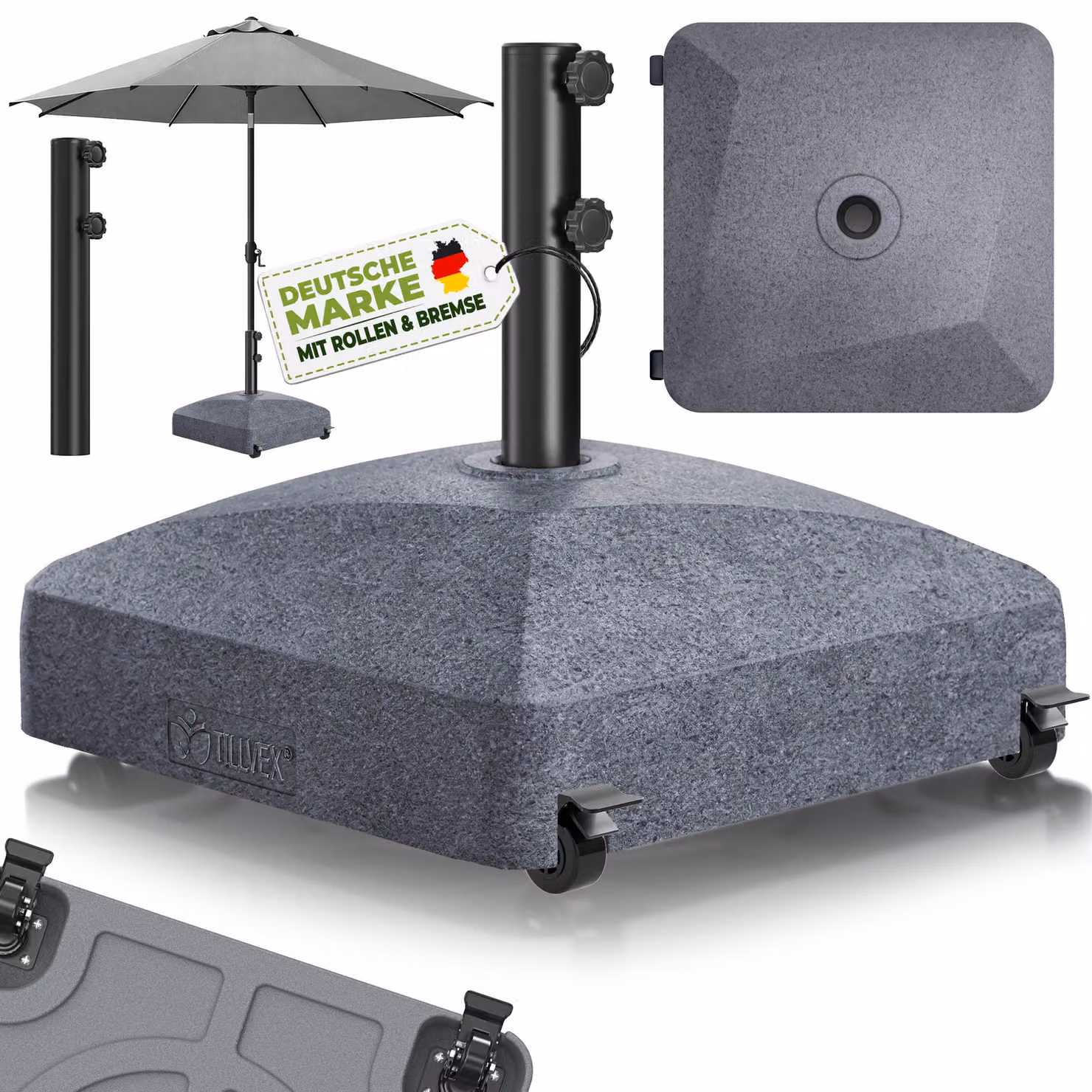 tillvex® Supporto per ombrellone GRAVIA con rotelle e freni Effetto granito | Supporto riempibile 37 litri / 56 kg | Peso ombrellone e ombrellone da mercato Ø 1,8-3,7 m | Supporto per ombrellone a braccio laterale resistente alle intemperie