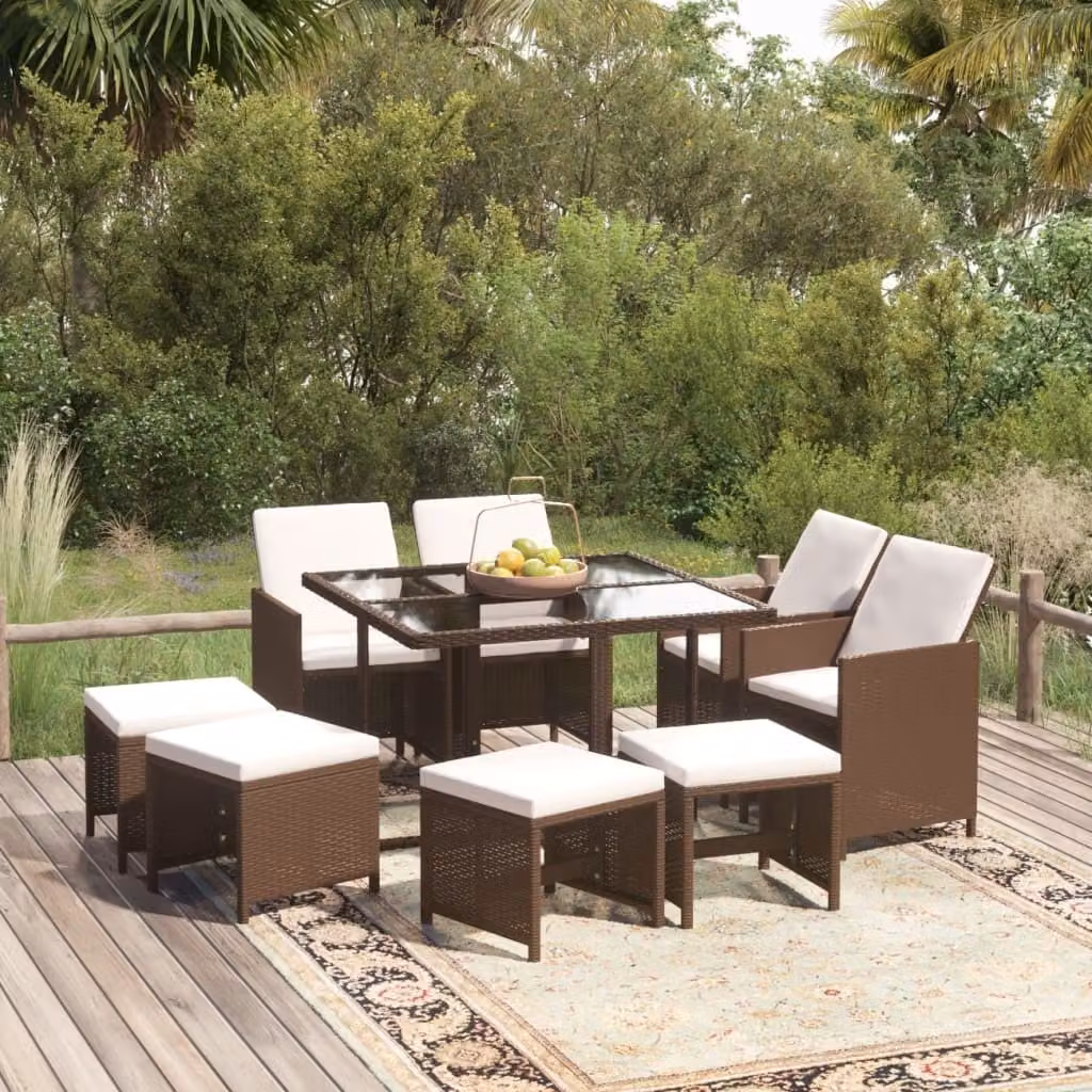 The Living Store Set da pranzo da giardino 9 pezzi con cuscini in poly rattan marrone