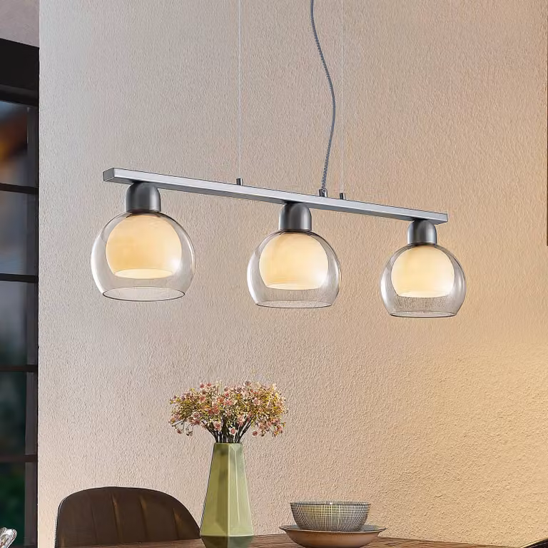 Lampada a sospensione in vetro Kaiya Lucande, dimmerabile, Alluminio / Grigio / Zincato, Soggiorno / Sala da pranzo, Metallo, Moderno, Lampada a sospensione