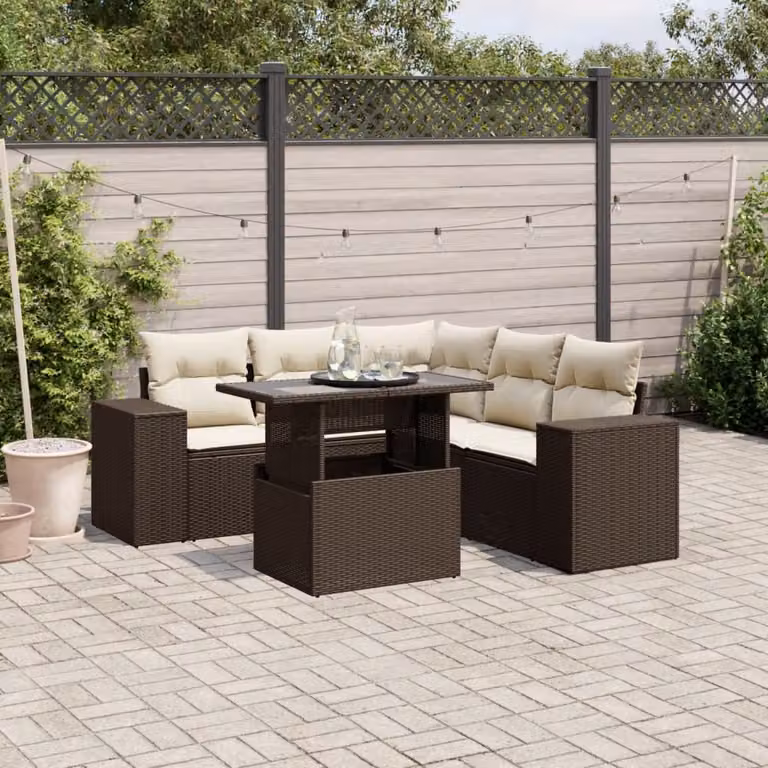 Set Divano da Giardino vidaXL 6 pz a L con Cuscini Marrone e Bianco in Polyrattan e Metallo