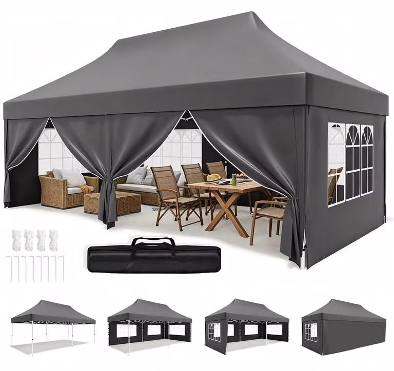 Gazebo da esterno 3x6 metri, grigio, impermeabile, con protezione UV 50+, regolabile in altezza e dotato di 4 pannelli laterali