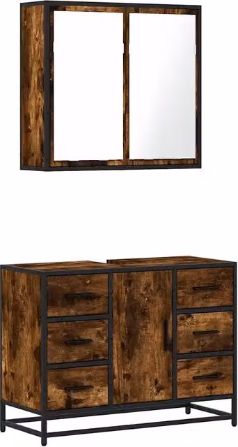 Set Mobili da Bagno | Armadio da bagno 2 pz Rovere Fumo in Legno Multistrato