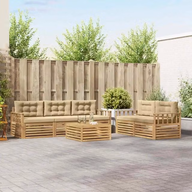 Set da giardino moderno vidaXL composto da divano angolare a L, divani a 3 posti e tavolino da caffè in legno di acacia trattato, colore bianco e beige con cuscini inclusi – 1
