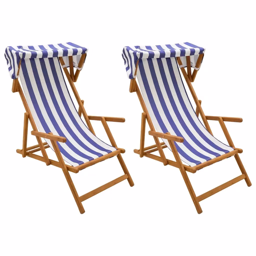 Set di 2 lettini prendisole vidaXL in legno di eucalipto massello con tendalino a righe blu e bianco – 2
