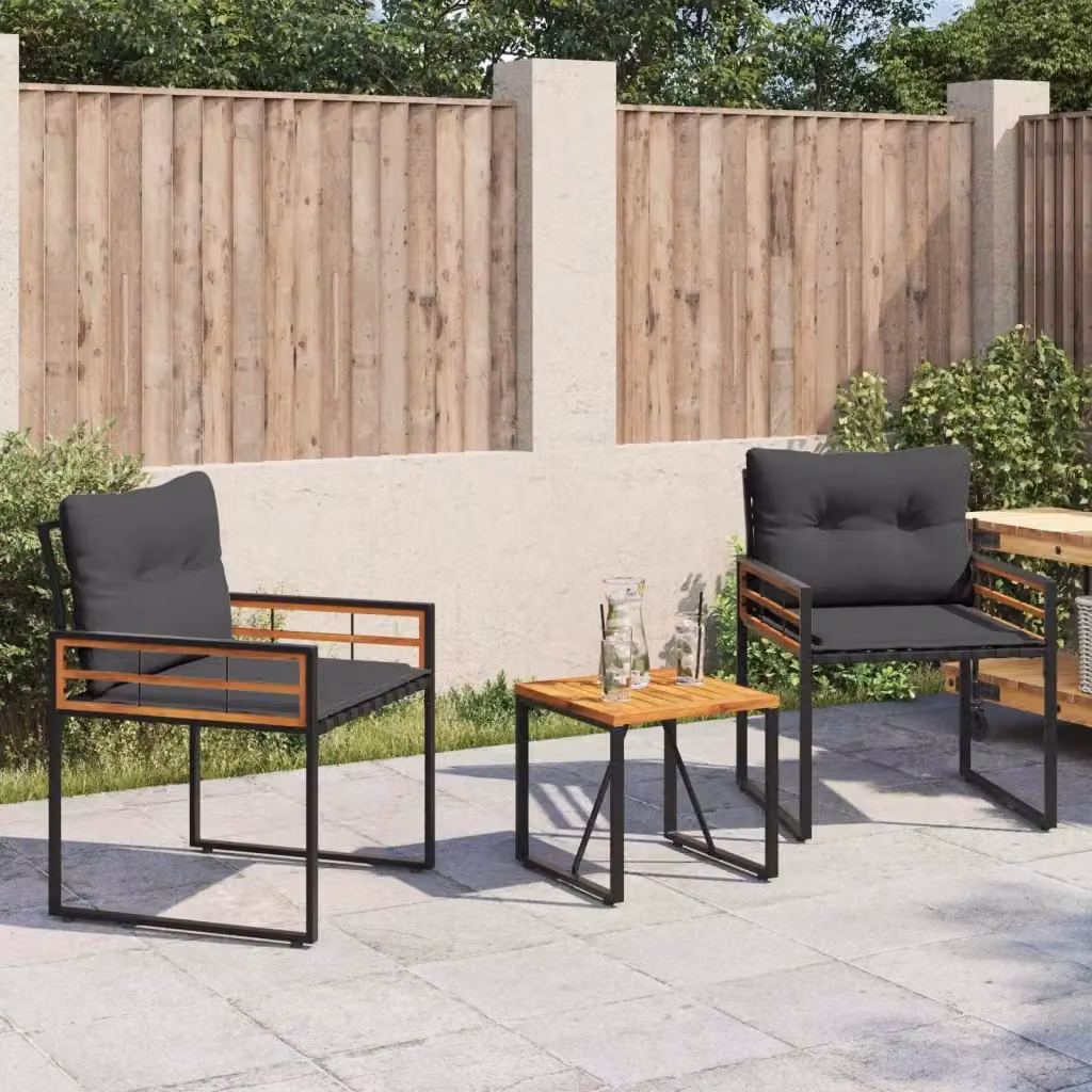 Set di mobili da esterno moderno in legno di acacia e metallo con cuscini grigi e neri per giardino, balcone o terrazzo – 2