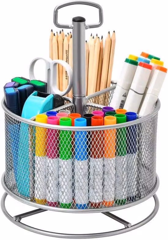 Organizer da scrivania con rotazione a 360 gradi, 4 scomparti, argento