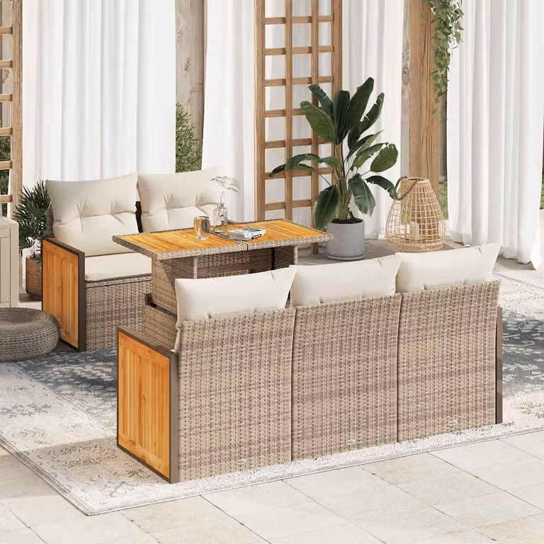 Set Divano da Giardino a L vidaXL in Polyrattan e Legno di Acacia con Cuscini Beige, 6 Pezzi