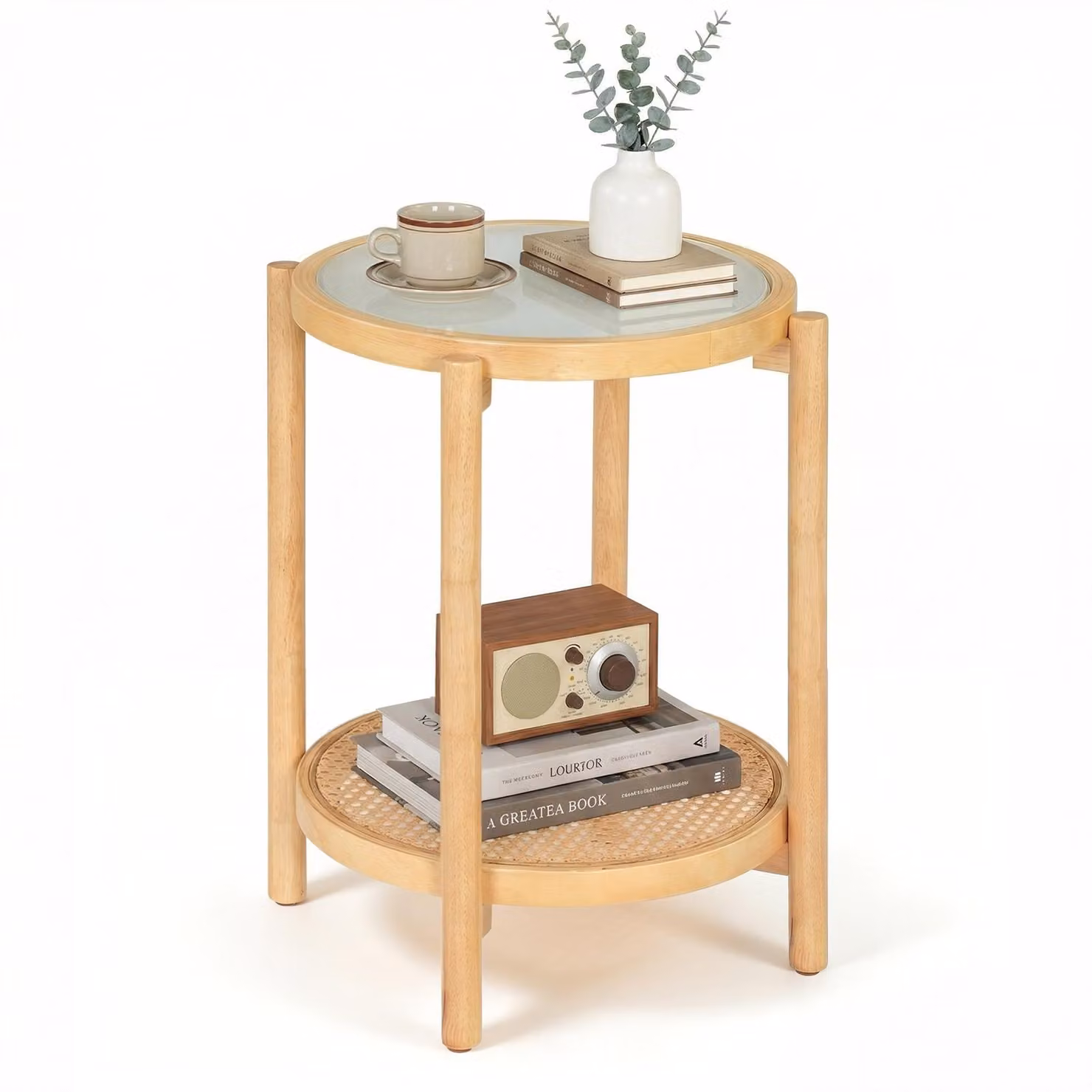 Tavolino COSTWAY con piano in vetro e ripiano in rattan, tavolino rotondo con spazio contenitivo, comodino in legno di acacia, 47,5 x 47,5 x 58 cm, colore naturale