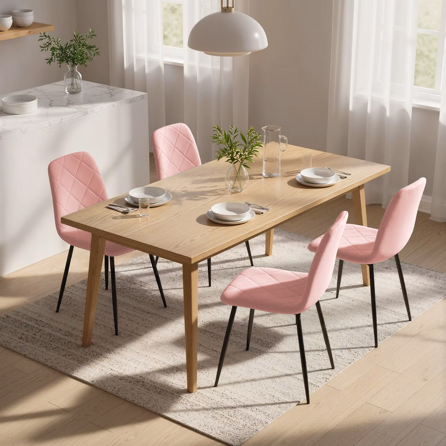 Set di 4 sedie da pranzo HOMCOM in velluto rosa con schienale e struttura in metallo, L/P/H: 45 x 54 x 87 cm – 2