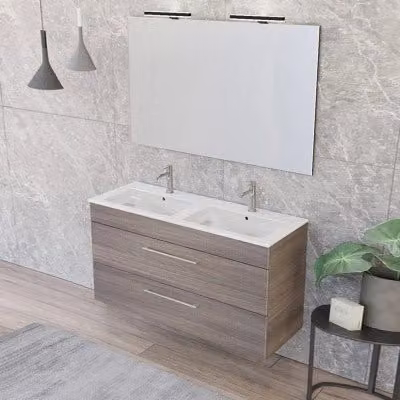 Mobile bagno sospeso INBAGNO moderno con specchio LED e cassetti, finitura legno bianco e marrone, L: 118,0 cm, P: 42,0 cm, H: 62,9 cm – 1