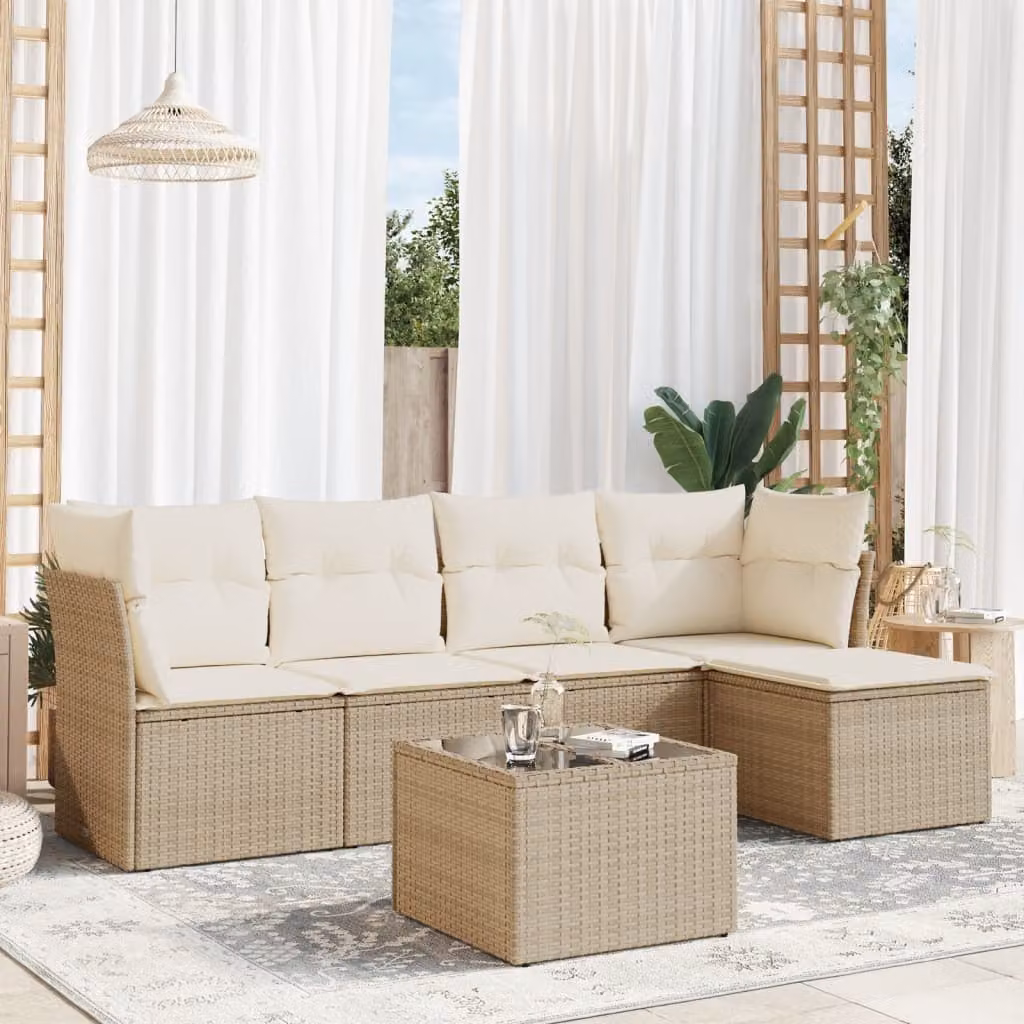 Set Divano da Giardino vidaXL 6 pz in Polyrattan Beige con Cuscini e Tavolino da Esterno