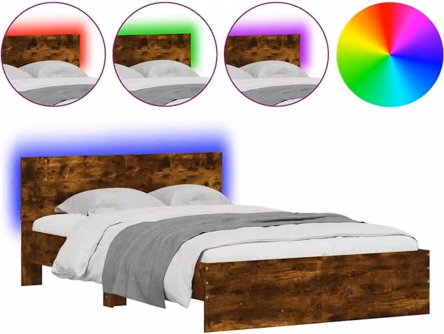 Letto matrimoniale | Letto per adulti | Giroletto con Testiera e LED Rovere Fumo 140x190 cm