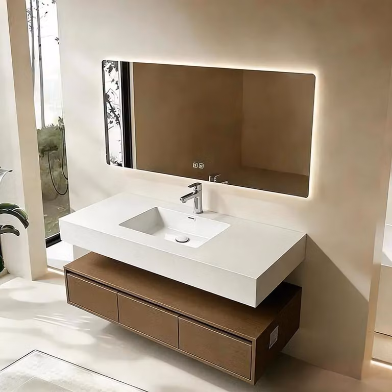 Lavabo integrato in Vetroceramica sinterizzata, lavabo a parete con foro per il rubinetto, mobile bagno con cassetto e specchio LED 130*55 cm [YBTC383-130]
