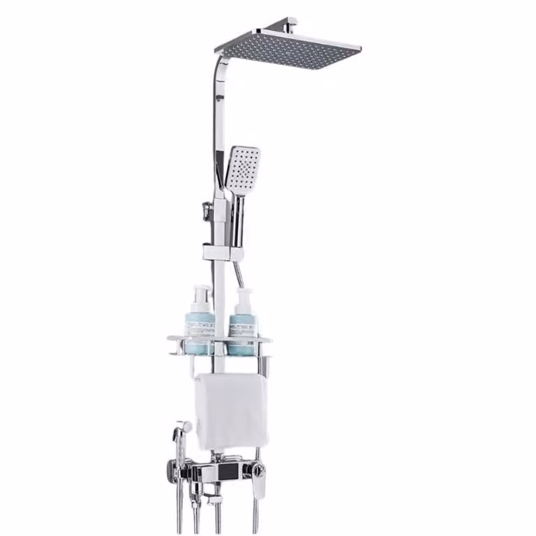 Set rubinetteria doccia termostatica con mensola da bagno, ottone resistente, cromato B, 4DT