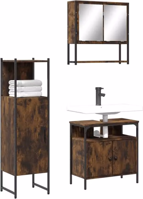 Set Mobili da Bagno 3 Pezzi vidaXL in Legno e Metallo Marrone Stile Industrial con Armadietto Specchio, Mobile Lavabo e Colonna Alta