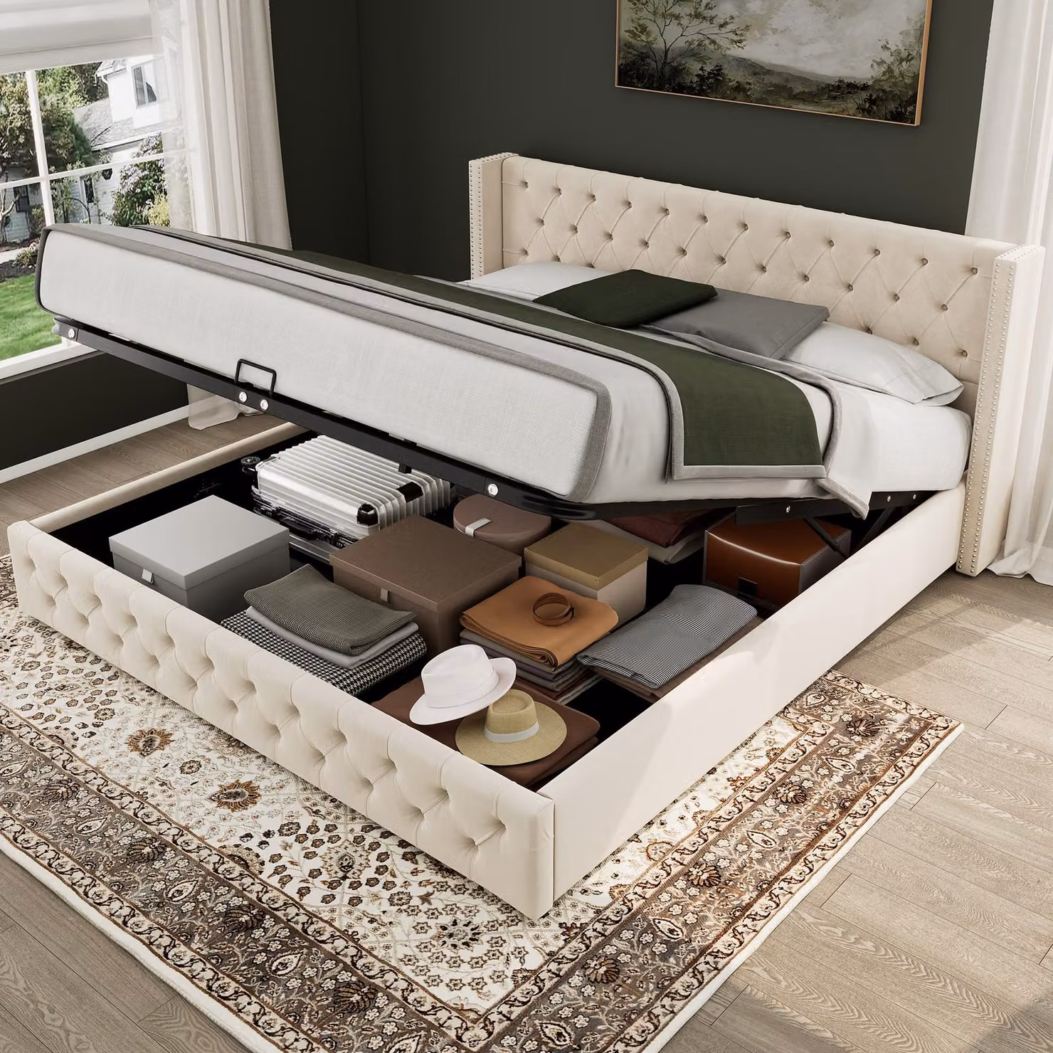 Letto imbottito 140 x 200 con rivestimento in velluto e cassettiera idraulica – Letto matrimoniale con doppia fila di borchie e trapuntatura a bottoni, letto contenitore color beige