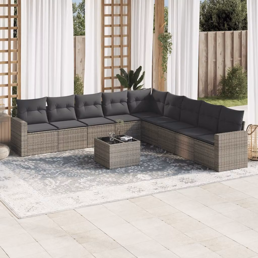 vidaXL Set Divano da Giardino a L 10 pz in Polyrattan Grigio con Cuscini e Tavolino
