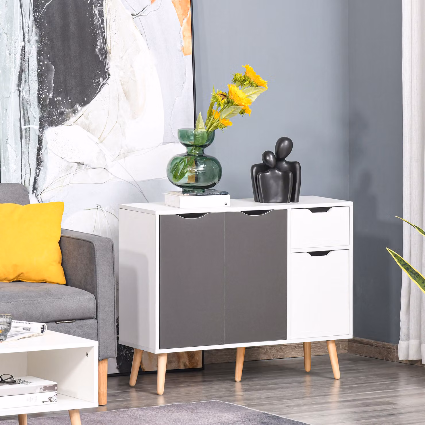 Credenza HOMCOM con 3 ante e cassetto, mobile contenitore moderno per soggiorno, cucina o camera da letto, Bianco e Grigio, L 90 cm x P 30 cm x H 72 cm – 2