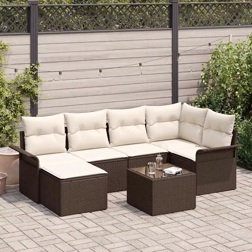 Set Divano da Giardino vidaXL 7 Pezzi in Polyrattan Marrone e Beige con Cuscini e Tavolino da Esterno – 1