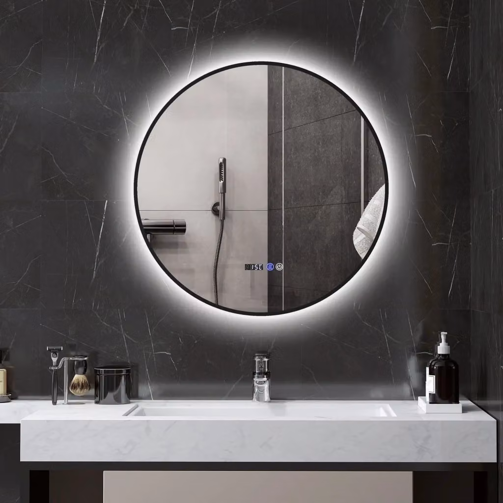 Specchio da bagno rotondo Giordanoshop con luce LED a 3 tonalità, funzione antiappannamento e display tempo e temperatura, colore nero, Ø 70 cm – 2