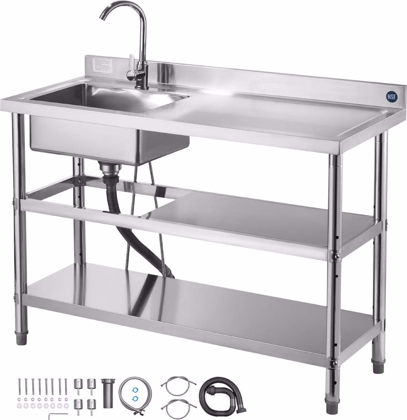 Lavello SucceBuy in acciaio inox (120 x 50 x 94 cm), monovasca con rubinetto e due ripiani, lavello da cucina per garage, ristorante o esterno, lavabo con piano di lavoro (a destra)