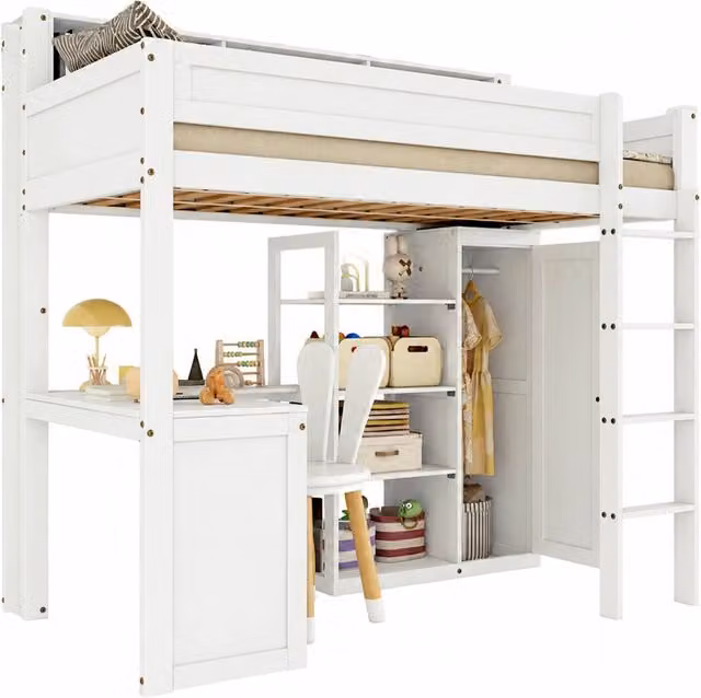 Letto a castello REDOM per bambini con tavolo e armadio in legno e MDF bianco L 90 cm x P 200 cm