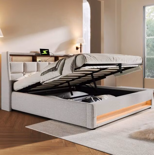 Letto matrimoniale MODFU imbottito in tessuto beige con illuminazione LED, porta USB e contenitore con base a sollevamento, L/P: 180 x 200 cm