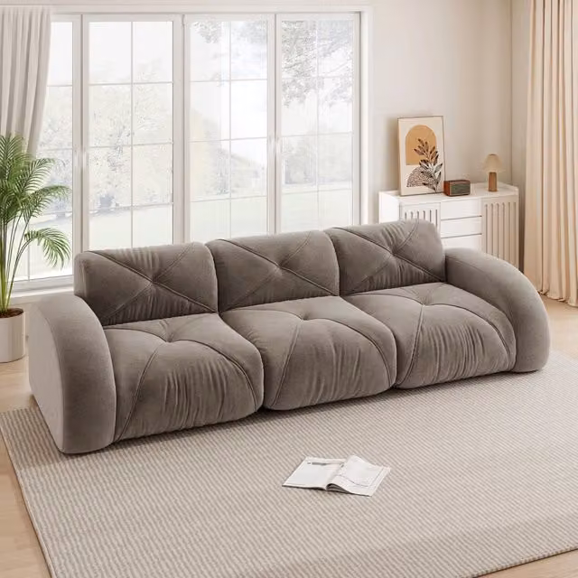 Divano modulare senza telaio interno a 3 posti in chenille taupe con schiuma 32D