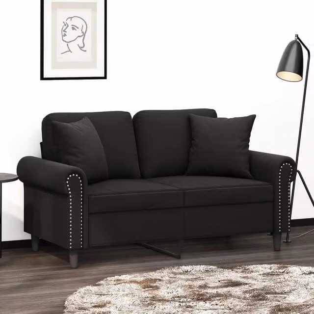 Divano a 2 posti moderno vidaXL in velluto nero con cuscini e struttura in metallo L: 152 cm, P: 80 cm, H: 77 cm