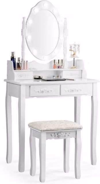 Set toeletta Costway con specchio ovale e 10 lampadine LED, scrivania da trucco classica con 4 cassetti, Bianco – 1