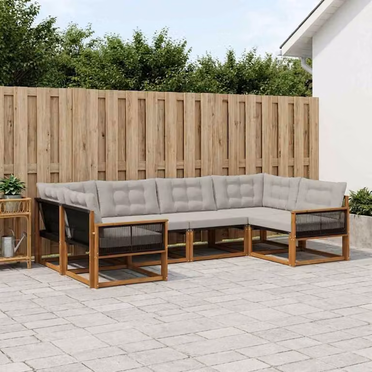 Set di divani da esterno vidaXL a forma di L composto da 6 pezzi in legno di acacia e textilene, colore beige, grigio e marrone