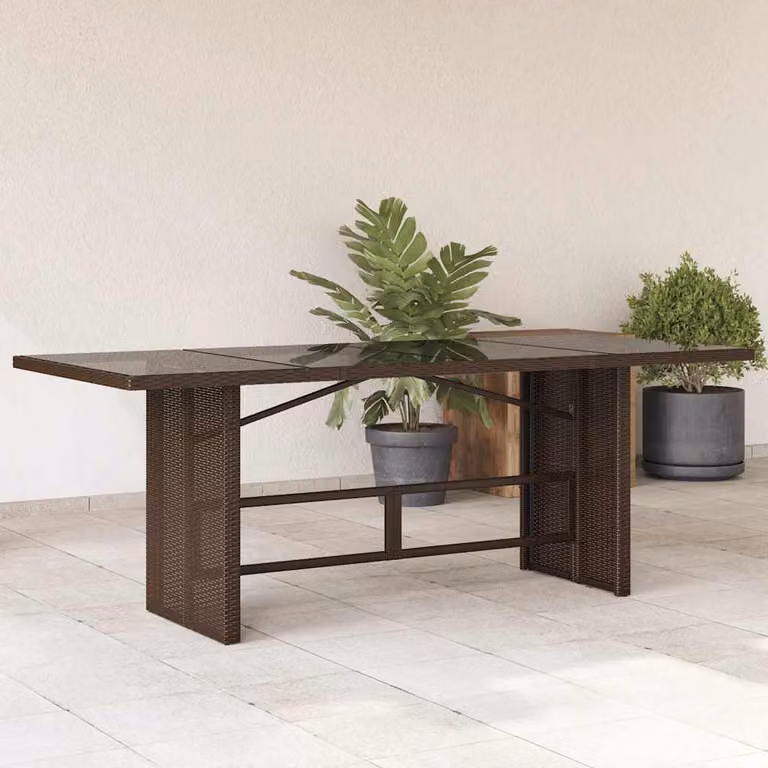 vidaXL Tavolo da giardino moderno in polyrattan marrone con piano in vetro, L: 190 cm, P: 80 cm, H: 75 cm